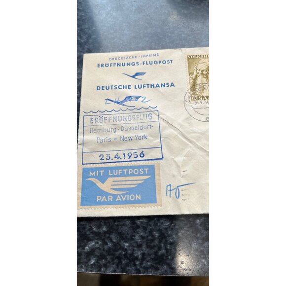 Vtg 1956 Opening Flight Hamburg-Dusseldorf Paris - New York By Airmail By Plane - Picture 2 of 6